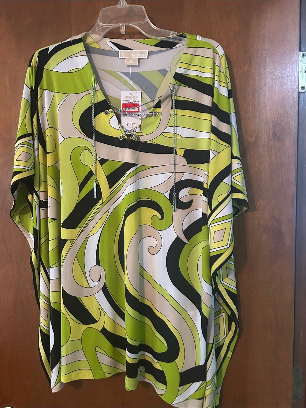 MICHAEL Michael Kors Lime Green, Black & Cream Abstract V-Neck Tunic